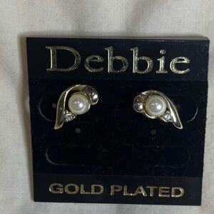 Vintage Gold-plated stud earrings, unique design/ faux pearl & diamond accents.